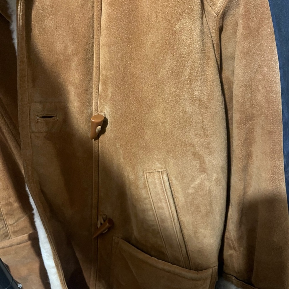 Vintage NY Jeans Cinnamon Brown Leather Coat Shearling Lining Front Toggles M - Picture 15 of 16